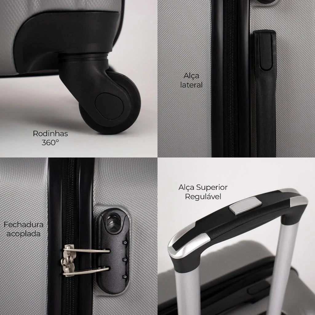 Kit mala de viagem ABS pequena 10kg, média e grande 4 rodas 360º Londres Swiss Move