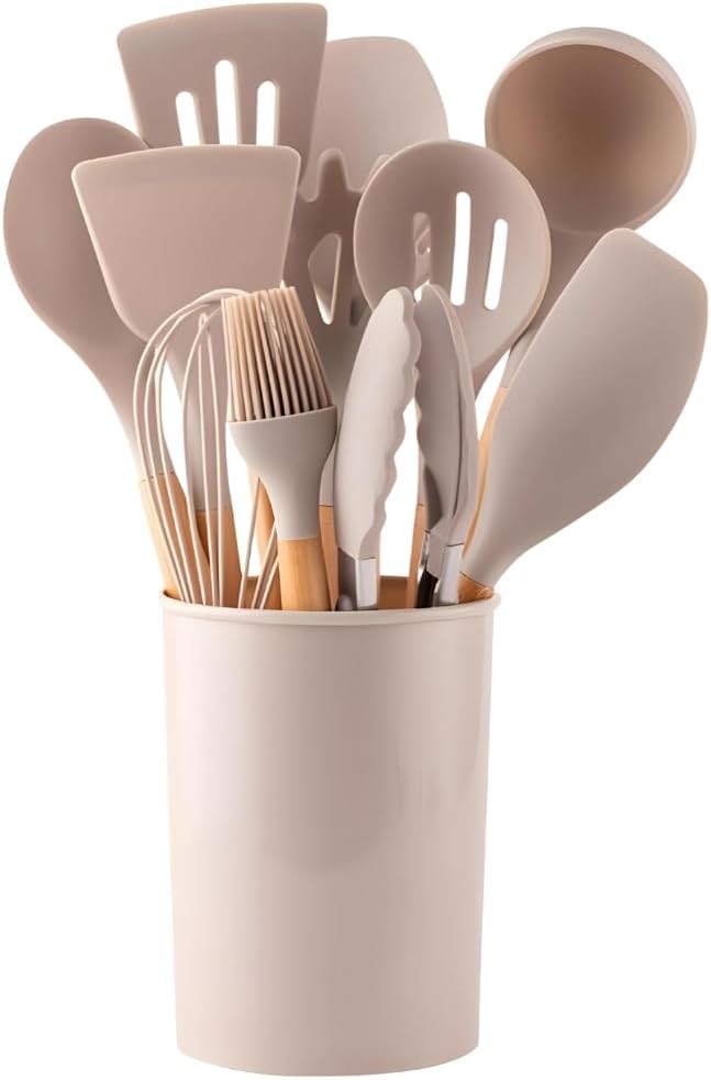 Kit Utensílios de Cozinha em Silicone e Madeira Antiaderente Branco 12 Peças