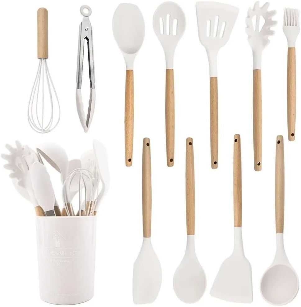 Kit Utensílios de Cozinha em Silicone e Madeira Antiaderente Branco 12 Peças