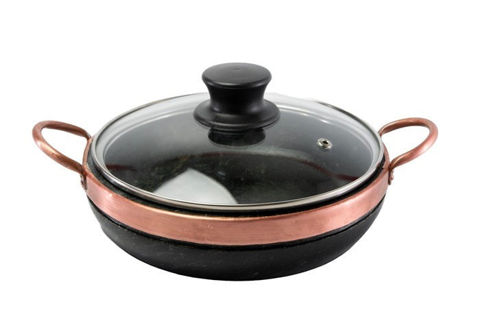 Frigideira De Pedra Sabão 24 Cm Com Tampa De Vidro