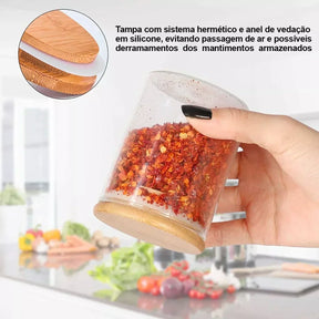 Kit De 12 Potes Herméticos Vidro Tampa Bambu 110ml