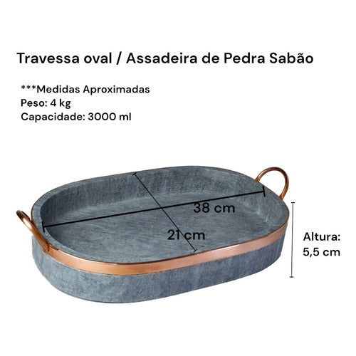 Jogo de Panelas Pedra Sabão 05 Peças - 1 Pressão 4 litros, 2 Caçarola 3 litros, frigideira 20 cm e Assadeira Grande