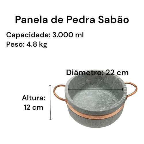 Jogo de Panelas Pedra Sabão 05 Peças - 1 Pressão 4 litros, 2 Caçarola 3 litros, frigideira 20 cm e Assadeira Grande