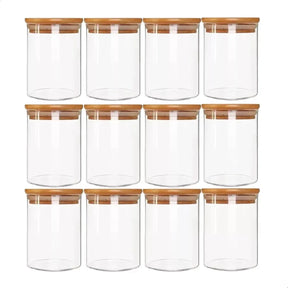 Kit De 12 Potes Herméticos Vidro Tampa Bambu 110ml